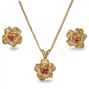 YELLOW GOLD RED RUBY EARRING-PENDANT SET EPS0007